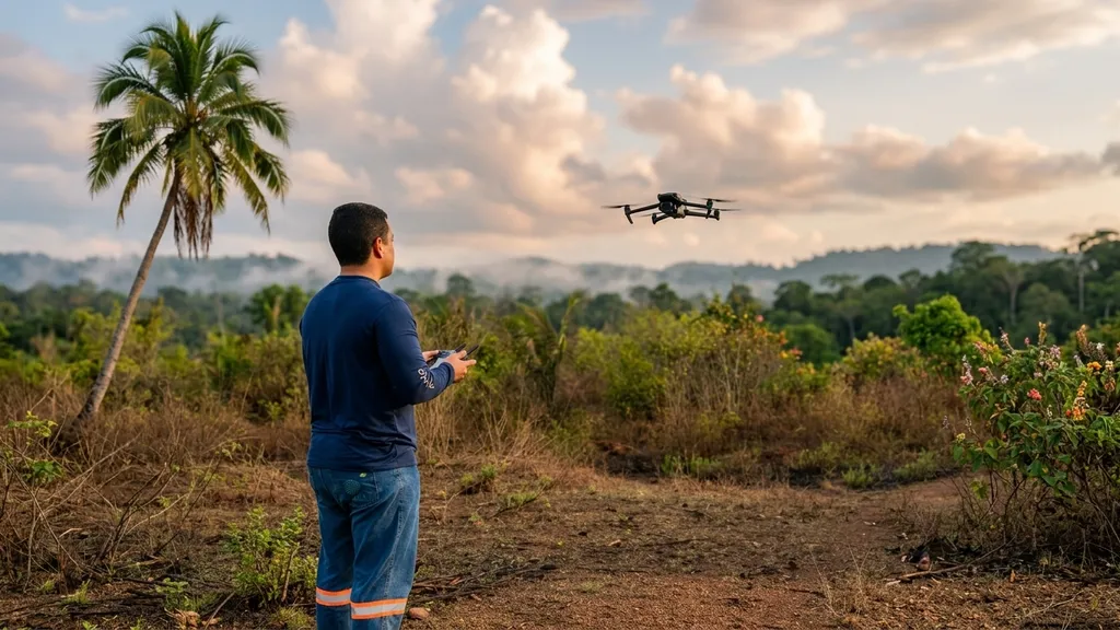 Técnico da Geo Civil operando drone para mapeamento aéreo em área rural